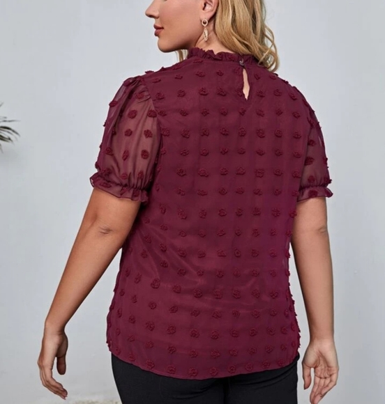 Shein Curve Plus Size 3XL Swiss Dot Top Blouse Size Burgundy Short Sleeve Lined - Picture 3 of 11